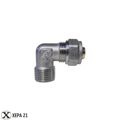 Никелиран месингов ъглов преход Ф20 х 3/4" мъжки за многослойна тръба PEX-AL-PEX 