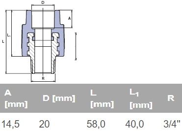 ППР преход с външна месингова резба Ø20 х 3/4" 