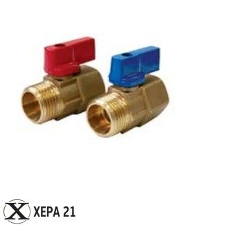 Мини сферичен кран месинг МЖ 1/2 - синя/червена ръкохватка