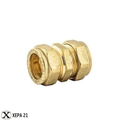 Месингова компресионна връзка права двойна за медна тръба  - Ф 15 х Ф 15