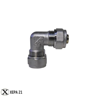 Никелирано месингово двустранно коляно Ф18 х Ф18 за свързване на многослойни тръби под ъгъл 90° 