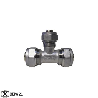 Никелиран месингов тристранен тройник Ф18 за свързване на многослойни тръби PEX-AL-PEX 