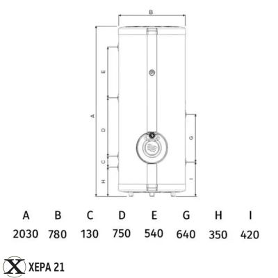 Комбиниран подово стоящ бойлер TEDAN Combi Pro INOX 500 литра, една серпентина, неръждаем, 6 kW размери